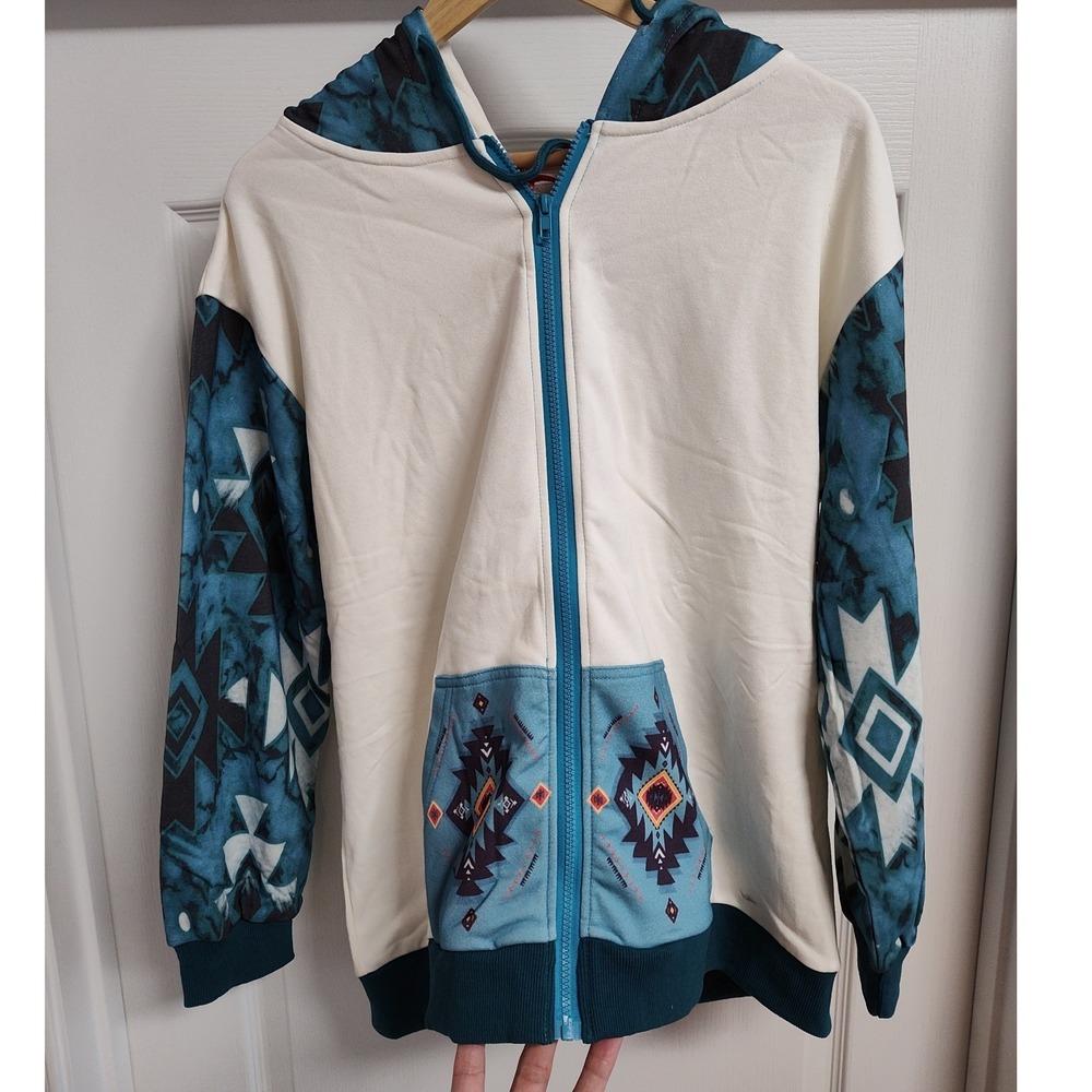 American Bling Womens XL Southwestern Aztec Zip Up Hoodie Cream Teal Blue AB